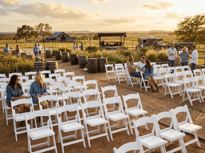 White folding chair at outdoor event with guests in Grandview TX — Boot & Barrel Event Co. rental