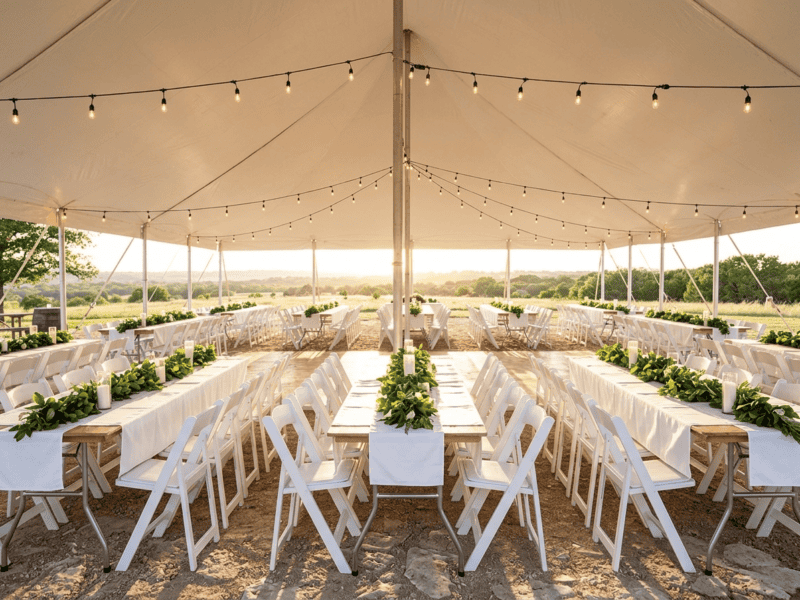 White folding chair at wedding reception under tent in Burleson TX — Boot & Barrel Event Co. rental