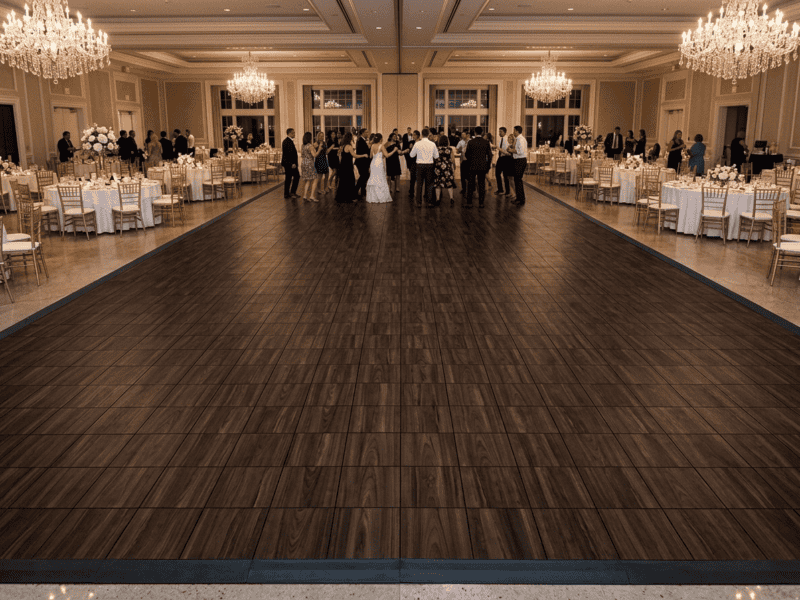Espresso oak indoor portable dance floor rental empty setup in an upscale hotel ballroom — Boot & Barrel Event Co. Fort Worth TX