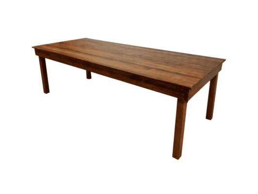 Long farm table rental in Cleburne TX — solid hardwood 8 foot table seating up to 10