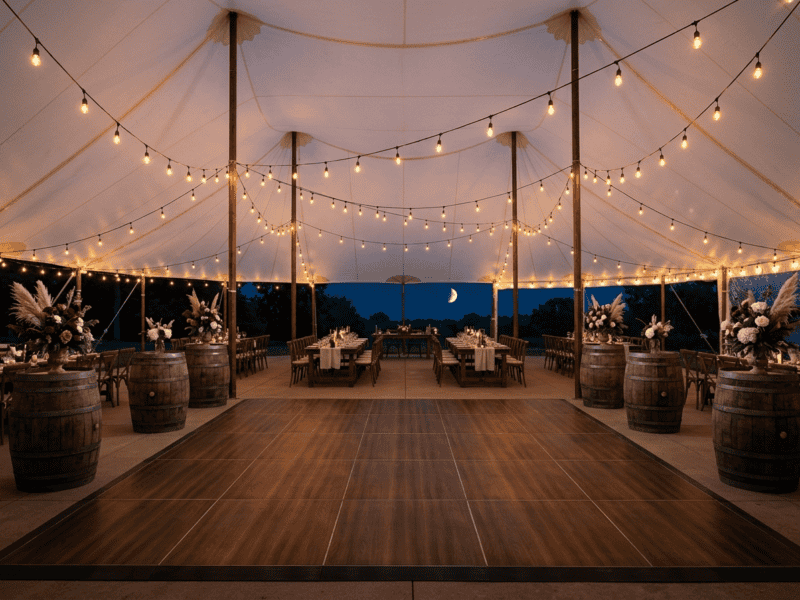Fruitwood portable dance floor rental set up at night under white tent with Edison string lights and whiskey barrel decor — Boot & Barrel Event Co. Burleson TX