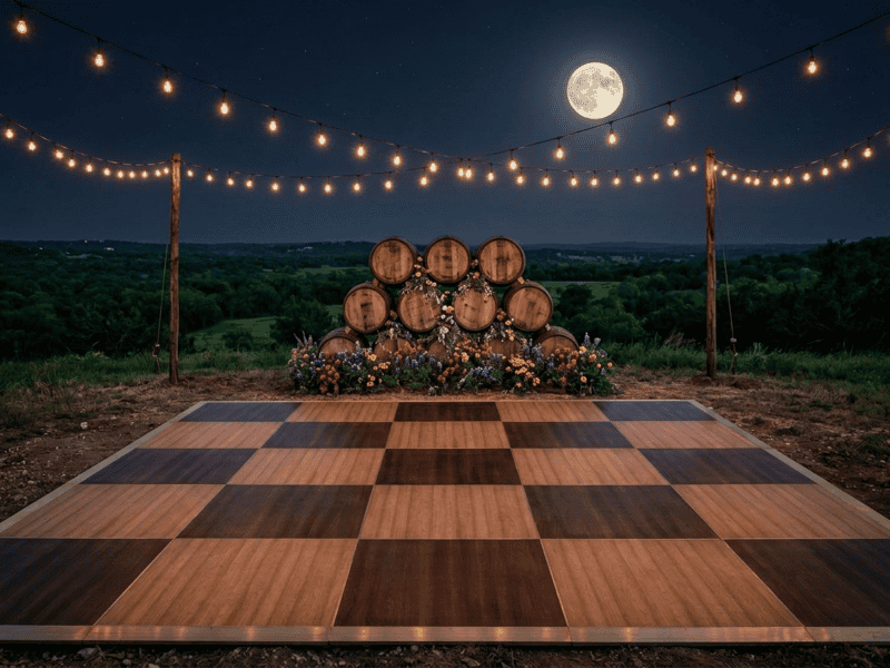 Chestnut fruitwood dance floor rental outdoors on Texas ranch with whiskey barrel stack and Edison string lights under full moon — Boot & Barrel Event Co. Grandview TX