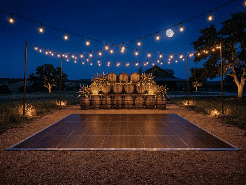 Fruitwood portable dance floor rental outdoors on Texas ranch with whiskey barrel stack and Edison string lights under full moon — Boot & Barrel Event Co. Grandview TX