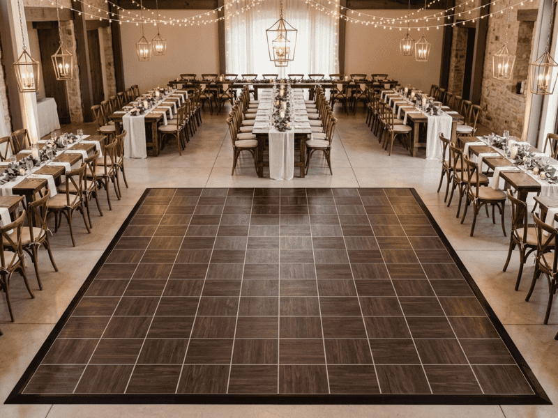 Espresso oak portable indoor dance floor rental in a community center banquet hall — Boot & Barrel Event Co. Granbury TX