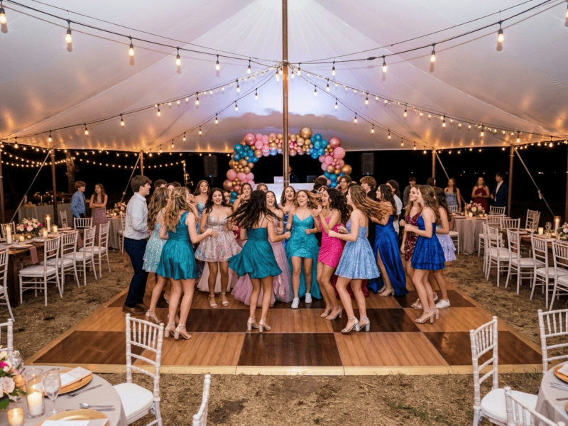 Chestnut and fruitwood dance floor rental at a vibrant quinceanera with family and friends celebrating under white tent — Boot & Barrel Event Co. Godley TX