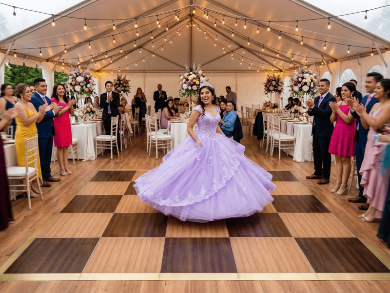 Chestnut and fruitwood dance floor rental at a quinceanera celebration with colorful floral decor under white tent — Boot & Barrel Event Co. Granbury TX
