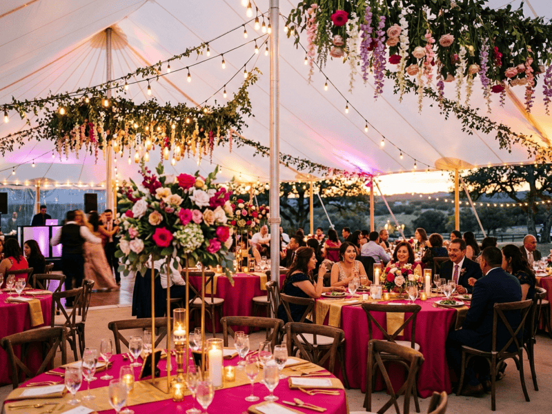 Round banquet tables dressed for quinceañera reception under tent in Texas