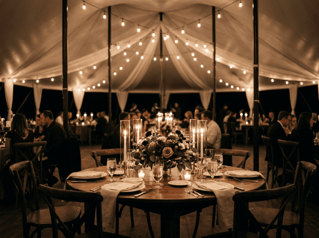 Round farm table lit by candlelight and Edison string lights at night wedding reception in Texas tent