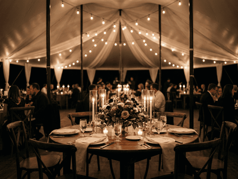 Round farm table lit by candlelight and Edison string lights at night wedding reception in Texas tent