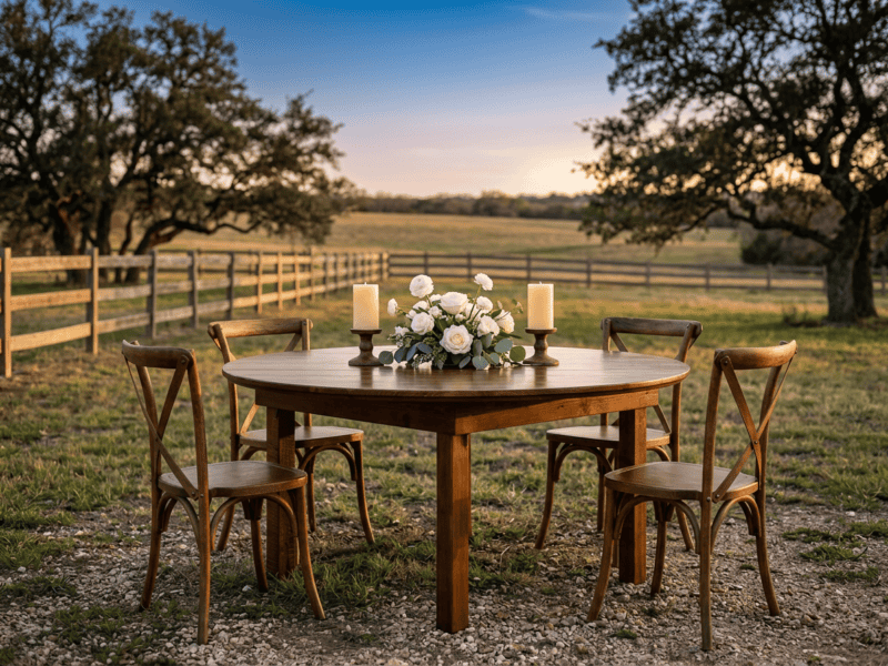 Round farm table with cross-back chairs set outdoors on Texas ranch at golden hour
