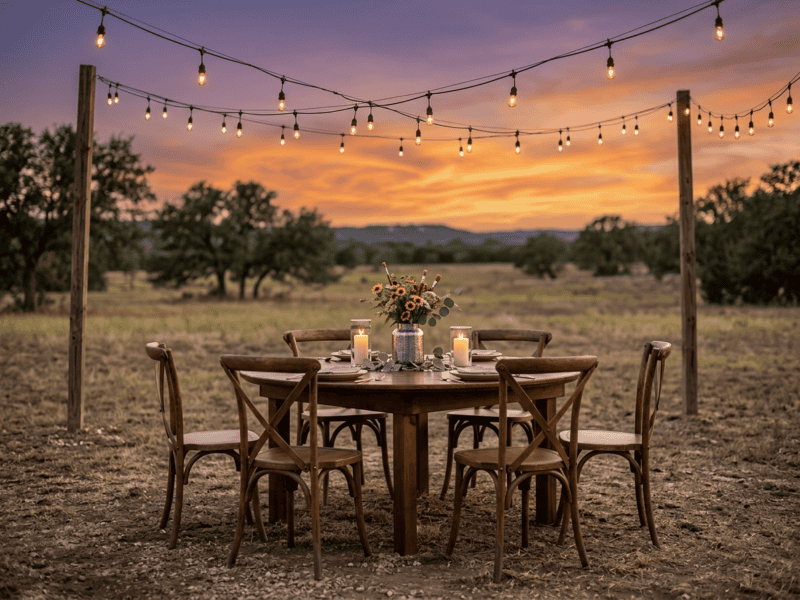 Round farm table under string lights at dusk on open Texas ranch with purple sunset sky