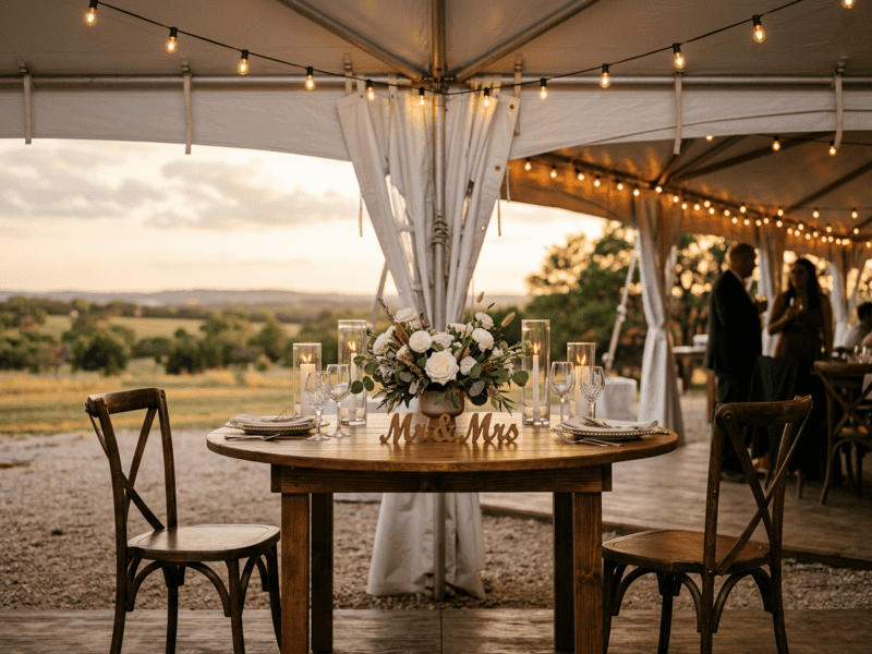Round farm table sweetheart table setup at rustic wedding in Cleburne TX