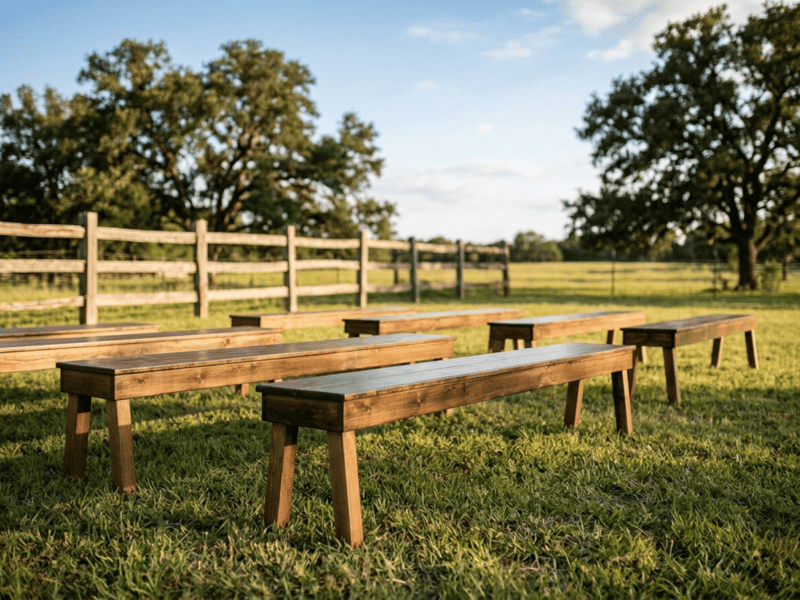 Rustic farm benches on Texas ranch with split rail fence and open pasture