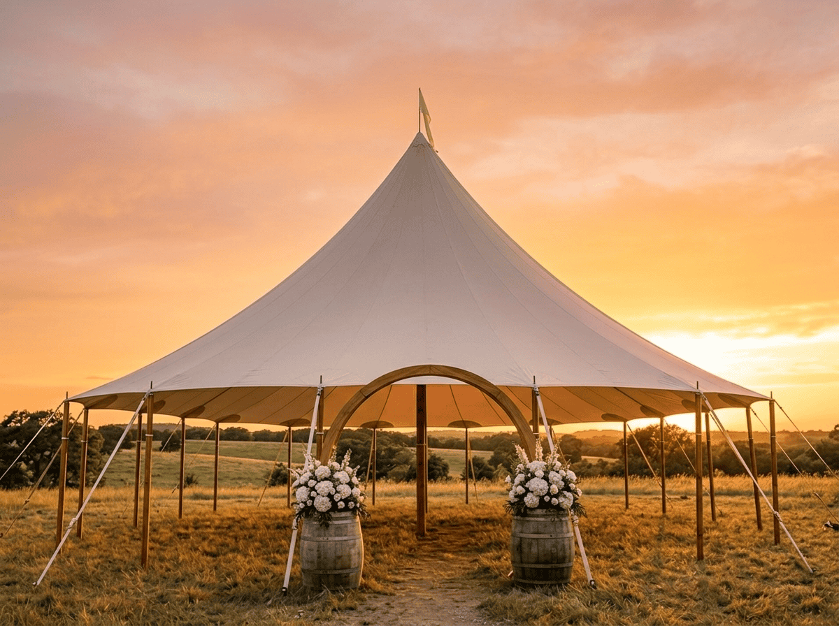 44x43 sailcloth tent with single soaring peak and barrel arch entrance with white floral arrangements at golden hour sunset near Cleburne TX, Boot & Barrel Event Co.