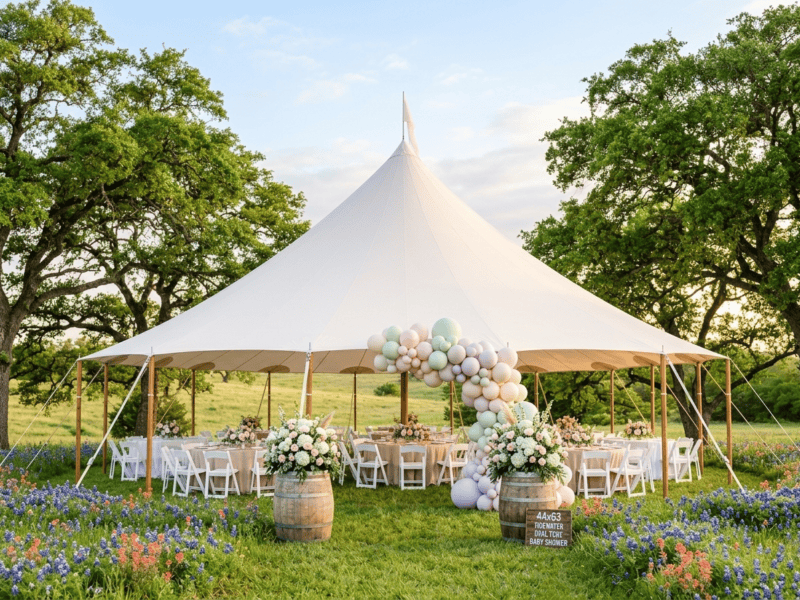 44x63 sailcloth tent spring baby shower with pastel balloon arch, barrel decor, white folding chairs and Texas bluebonnets in bloom