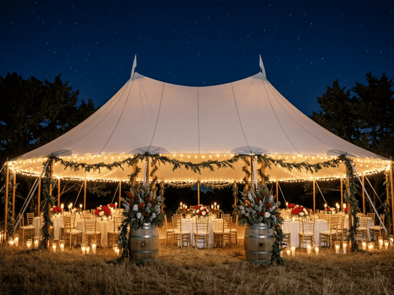 44x63 sailcloth tent holiday Christmas wedding at night with greenery garlands, fairy lights, red and white floral barrel decor and starry Texas sky