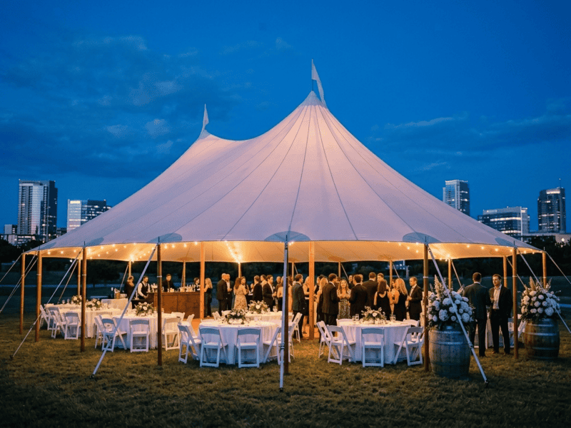 44x63 sailcloth tent corporate gala at blue hour with Fort Worth skyline, barrel decor, white folding chairs and professional guests