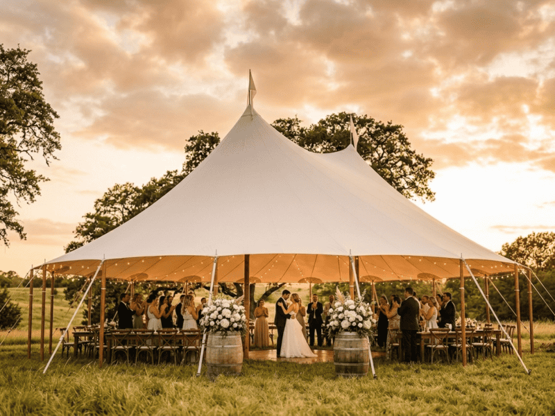 44x63 sailcloth tent first dance wedding reception at sunset with bride and groom, barrel decor and guests cheering in Texas pasture