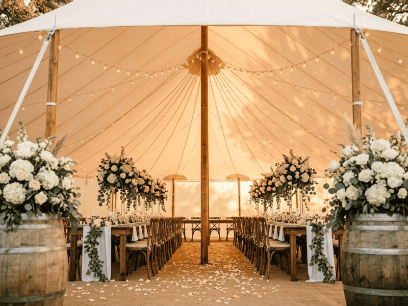 Interior of 44x63 sailcloth tent with wooden center pole, farm tables, cross-back chairs, white rose centerpieces and rose petal aisle