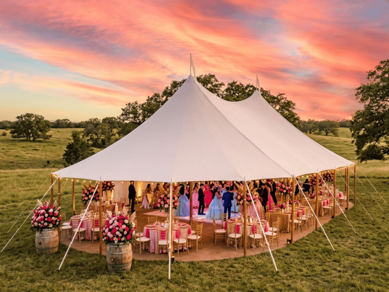 44x63 sailcloth tent quinceañera celebration at sunset with pink floral barrel decor, gold chiavari chairs and dancing guests in Texas