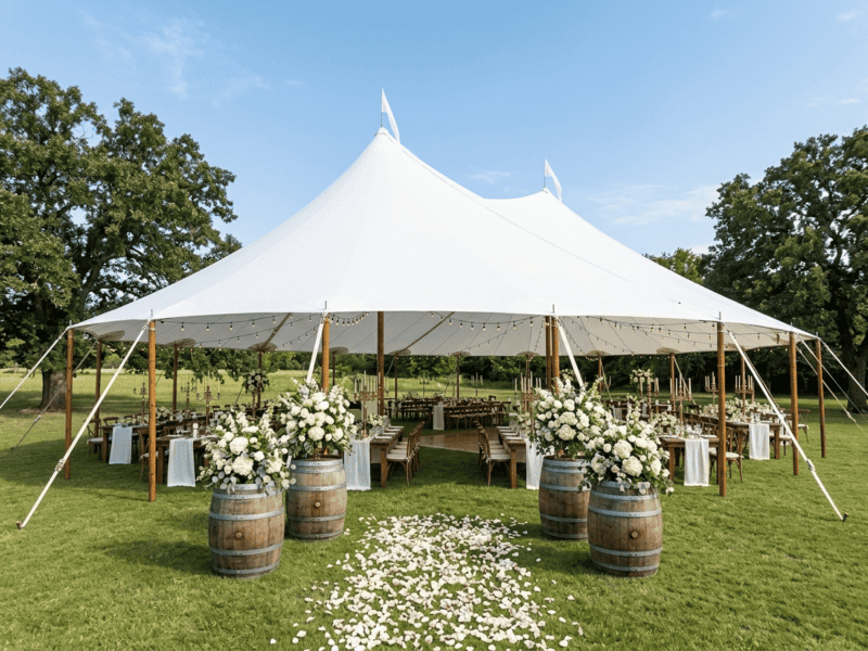 44x63 sailcloth tent styled wedding with four barrel arrangements, rose petal aisle, farm tables, cross-back chairs and Texas oak trees