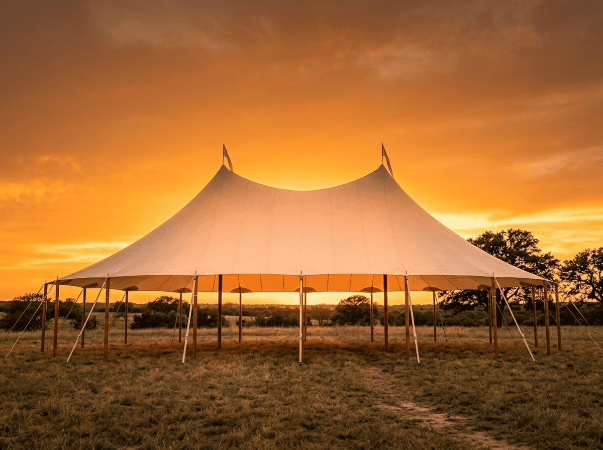 44x63 sailcloth tent with two soaring peaks photographed from the side on open Texas prairie, clean sky, Boot & Barrel Event Co. serving Johnson and Ellis counties