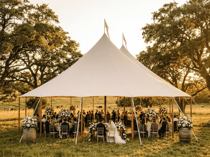 44x63 sailcloth tent wedding reception at golden hour with bride and groom, chiavari chairs, white floral barrel decor and oak trees