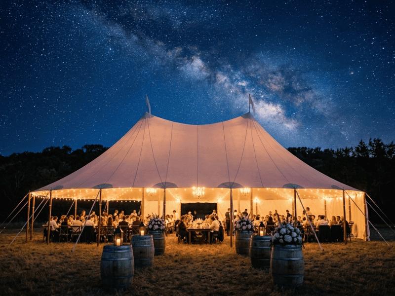 44x63 sailcloth tent wedding reception under Milky Way night sky with two peaks, string lights, barrel decor and guests dining in Texas