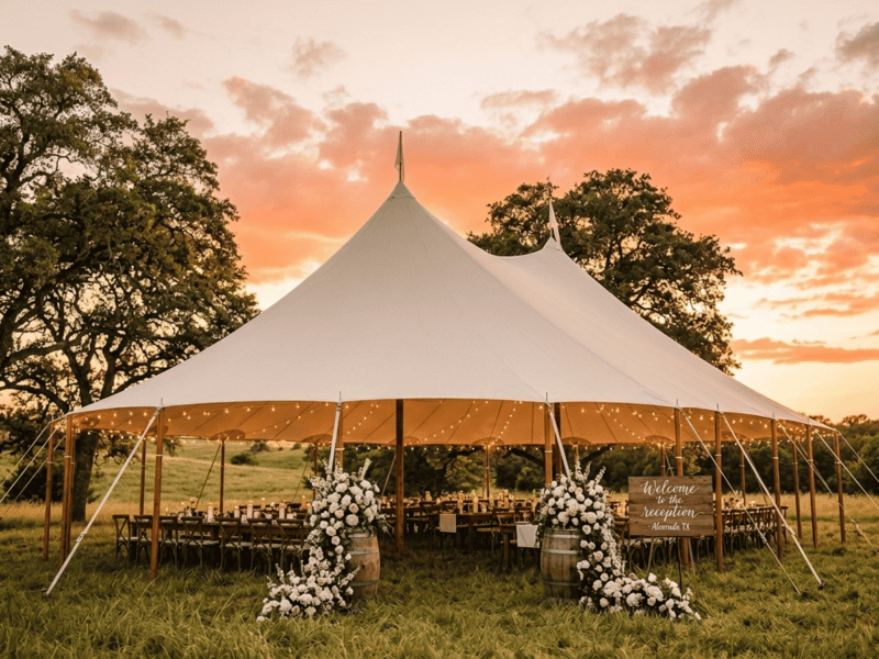 44x63 sailcloth tent wedding reception at dramatic sunset with welcome sign, barrel decor, white florals and Texas oak trees