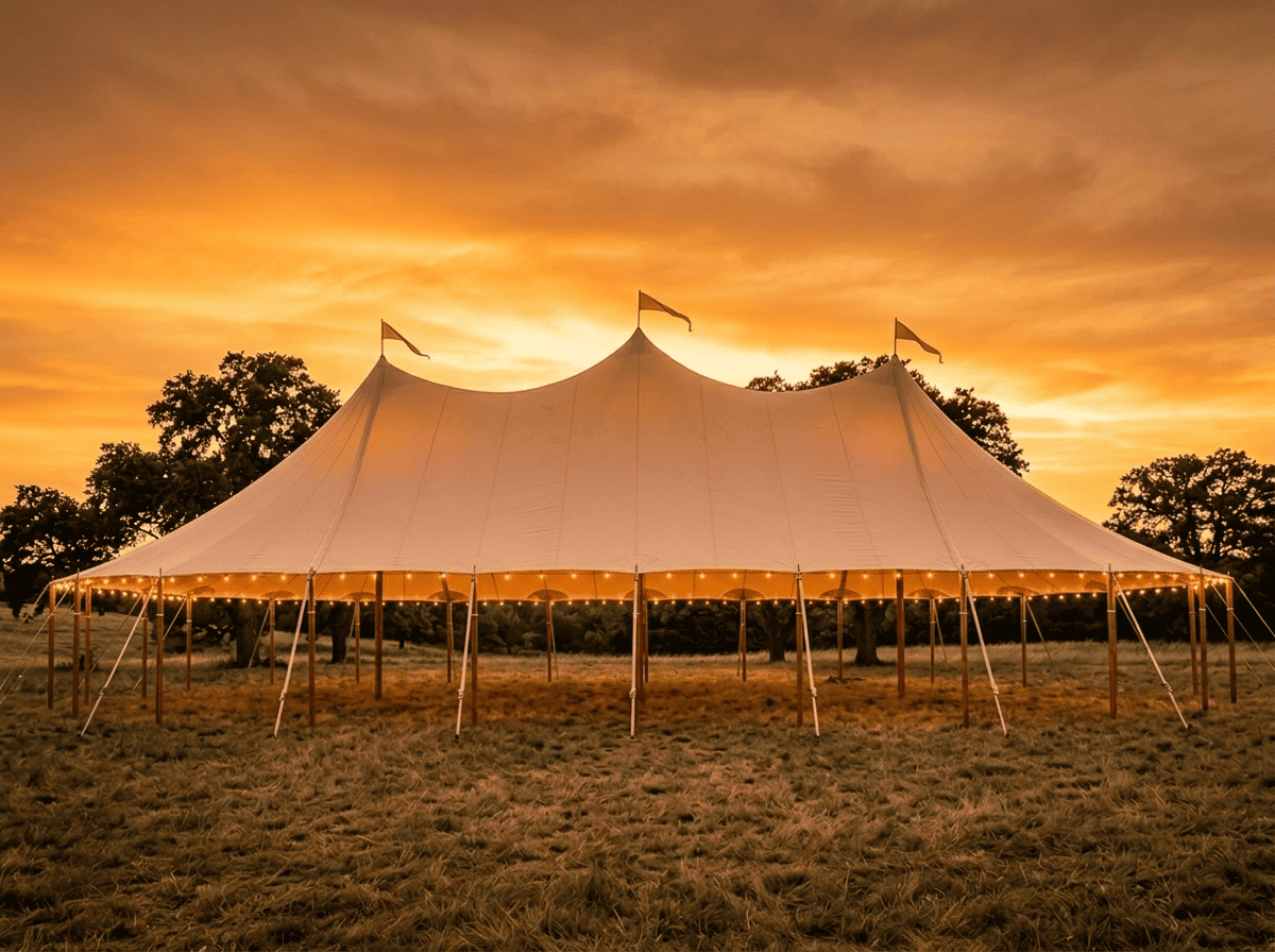 44x83 sailcloth tent with three soaring peaks photographed from the side in open Texas pasture at golden hour, Boot & Barrel Event Co. Cleburne TX