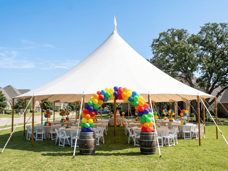 Sailcloth tent birthday celebration daytime with balloon arch on wine barrels, round tables and white folding chairs in suburban Texas
