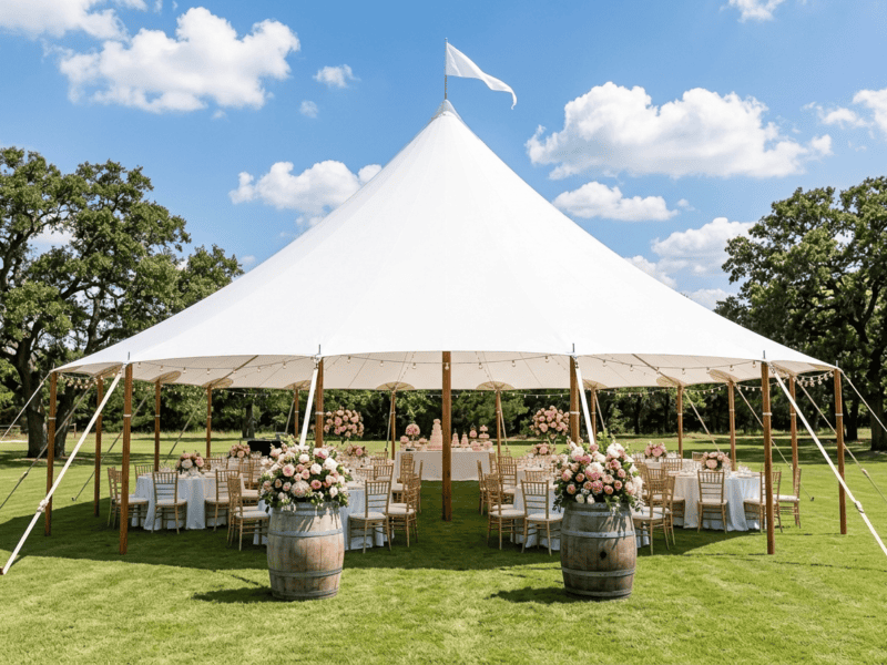 Sailcloth tent bridal shower daytime with pink floral barrel decor, gold chiavari chairs, round tables and blue Texas sky