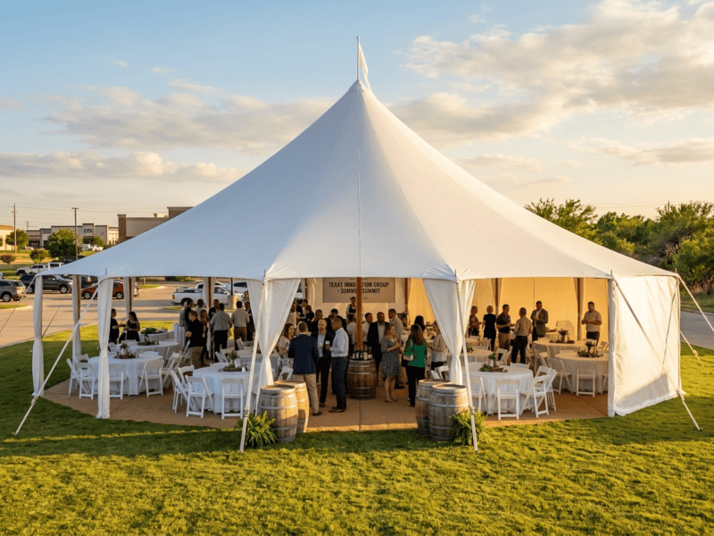 Sailcloth tent corporate outdoor event with wine barrel decor, white folding chairs and professionally dressed guests in North Texas