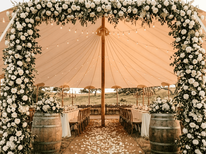 Interior view of sailcloth tent through white rose floral arch with wine barrels, rose petal aisle, farm tables and string lights