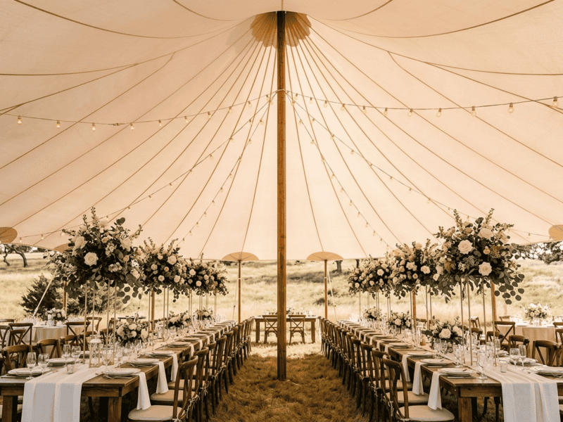 Interior of sailcloth tent with single center pole, farm tables, cross-back chairs, white rose centerpieces and string lights