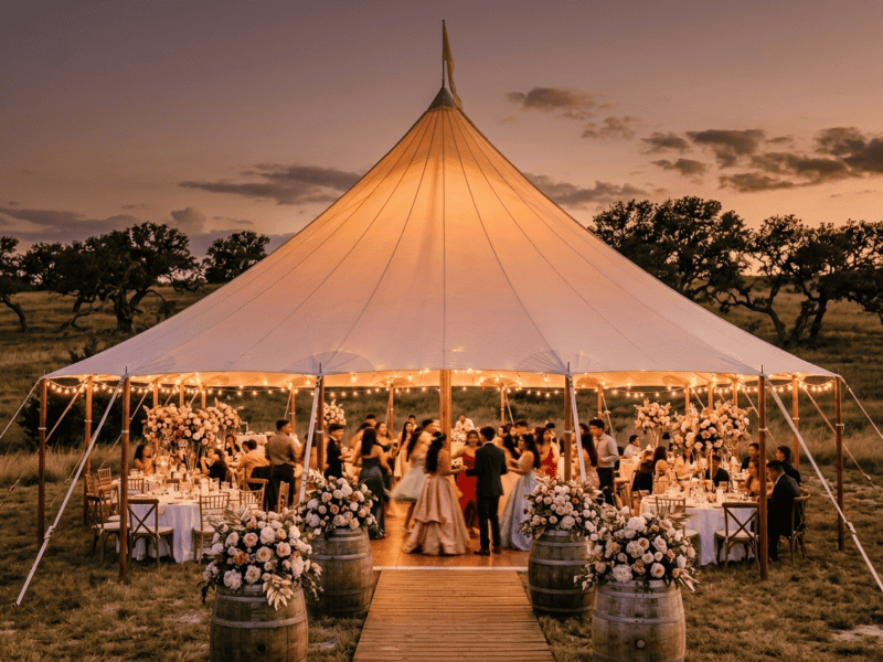 Oval sailcloth tent quinceañera celebration at sunset with pink floral barrels, chiavari chairs and guests dancing in Texas pasture
