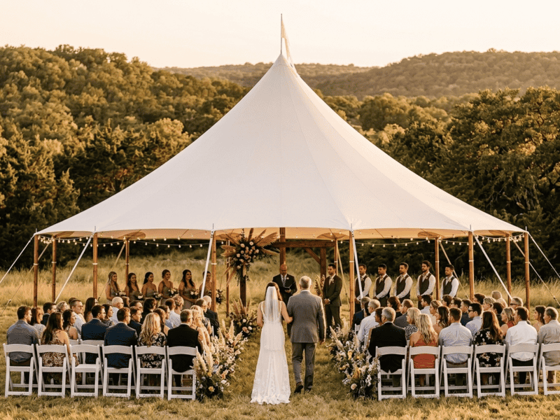 Sailcloth tent outdoor wedding ceremony at golden hour with bride walking aisle, white folding chairs and Hill Country landscape