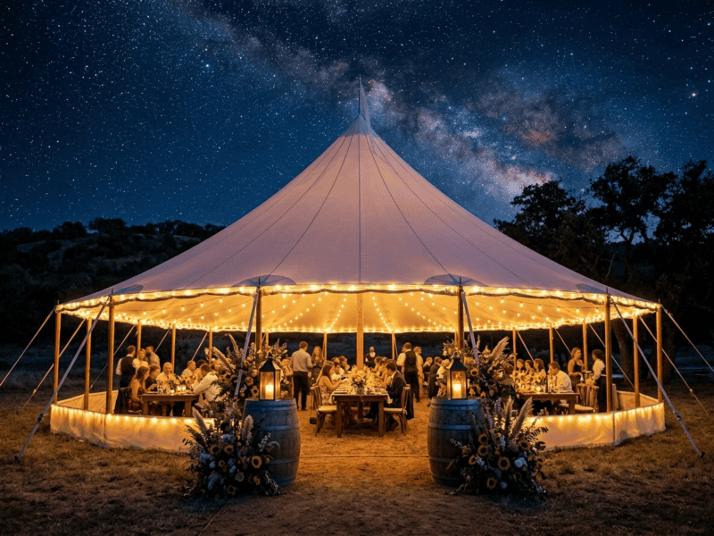 Sailcloth tent night wedding reception under Milky Way with string lights, barrel lantern decor and guests dining in Texas Hill Country
