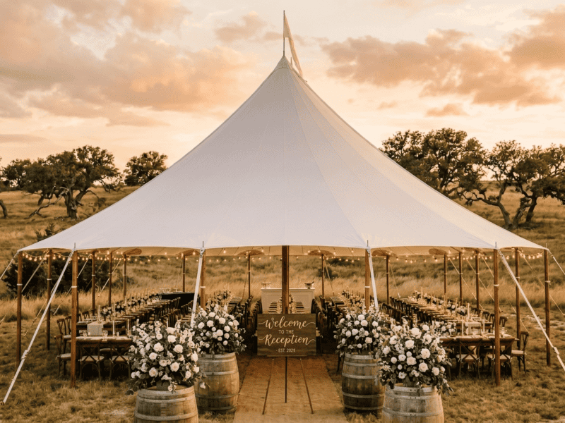 Sailcloth tent wedding reception at sunset with welcome to the reception sign, white floral barrel decor and farm tables — no people