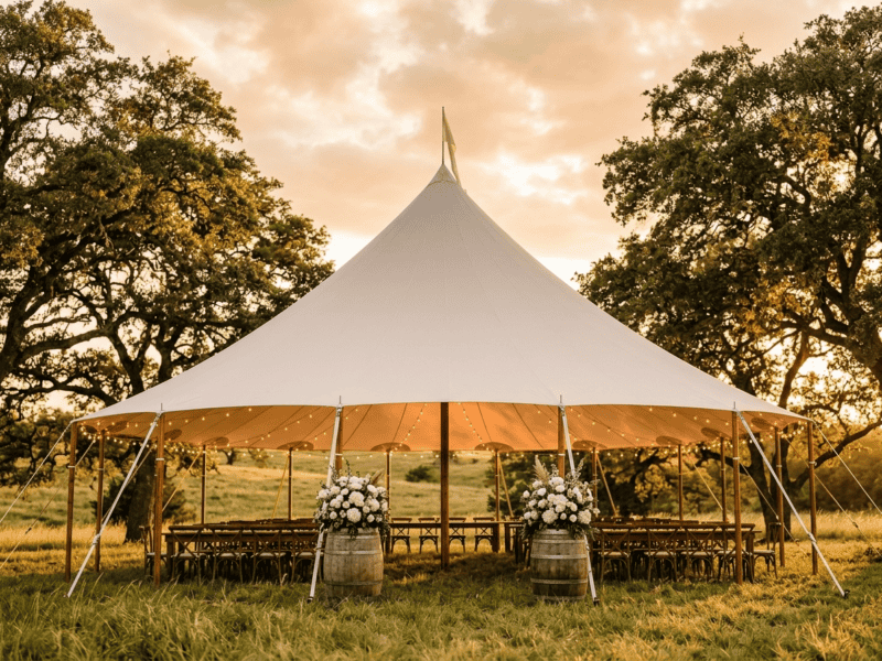Sailcloth tent wedding reception at sunset framed by giant oak trees with barrel decor, farm tables and cross-back chairs — no people