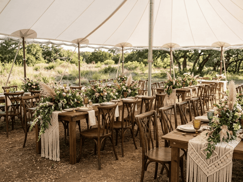 Fruitwood willow chair at boho garden party in Cleburne TX — Boot & Barrel Event Co. rental