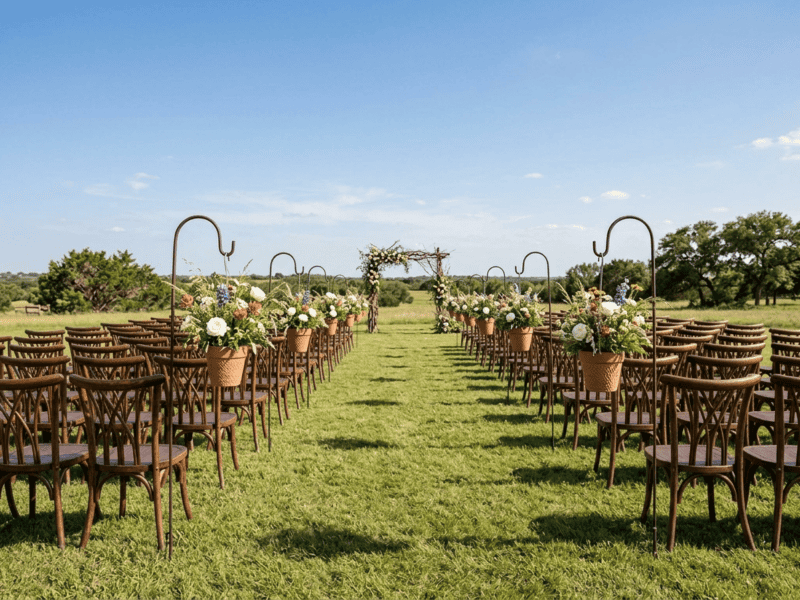 Fruitwood willow chair at ceremony seating on Texas ranch — Boot & Barrel Event Co. rental