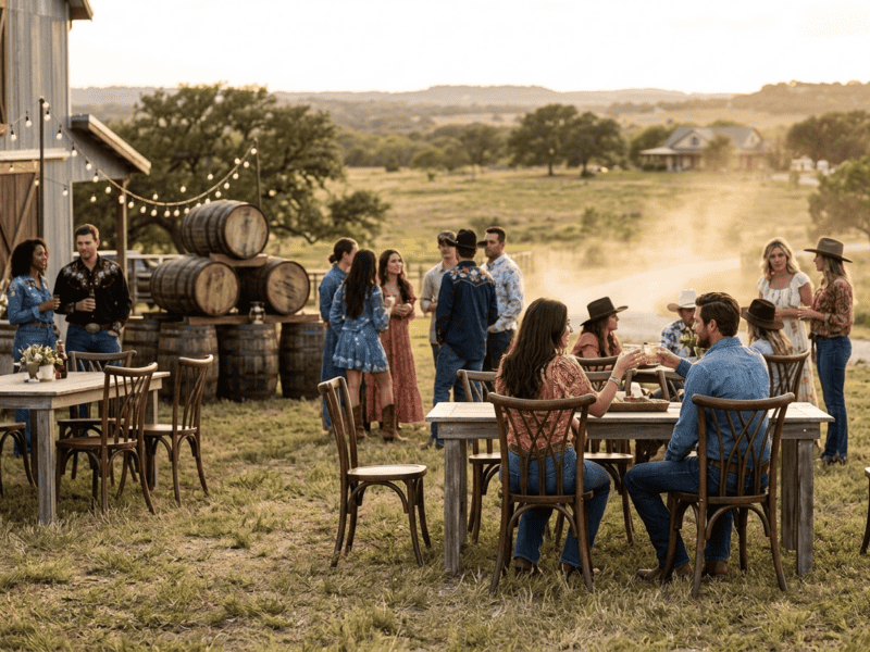 Fruitwood willow chair at outdoor event with guests in Benbrook TX — Boot & Barrel Event Co. rental