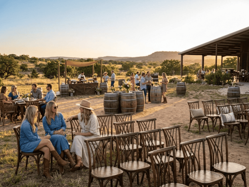 Fruitwood willow chair at outdoor event with guests in Whitney TX — Boot & Barrel Event Co. rental