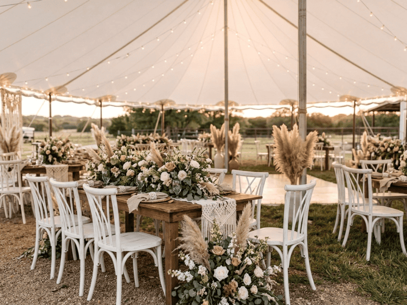 Distressed white willow chair at boho garden party in Rio Vista TX — Boot & Barrel Event Co. rental