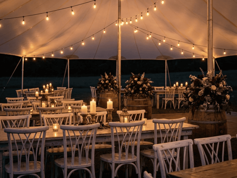 Distressed white willow chair at night reception under tent in Mansfield TX — Boot & Barrel Event Co. rental