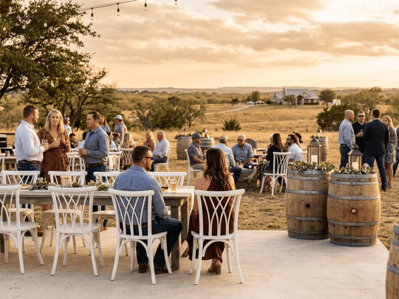 Distressed white willow chair at outdoor event with guests in Venus TX — Boot & Barrel Event Co. rental