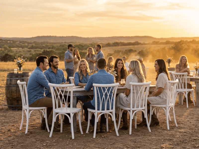 Distressed white willow chair at outdoor event with guests in Whitney TX — Boot & Barrel Event Co. rental