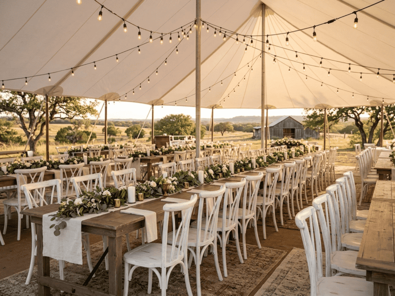 Distressed white willow chair at wedding reception under tent in Weatherford TX — Boot & Barrel Event Co. rental